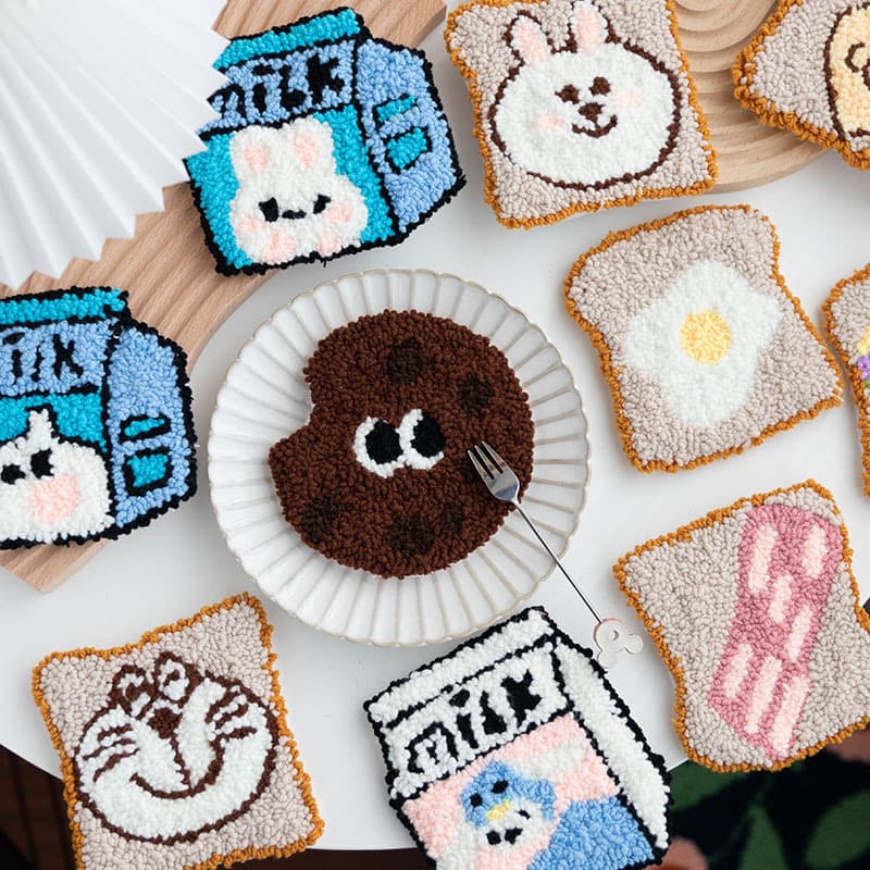 Punch Needle Embroidery DIY Cartoon Milk Box Toast Bread Desk Coasters Heat Insulation Mats, Beginner Zero Basics
