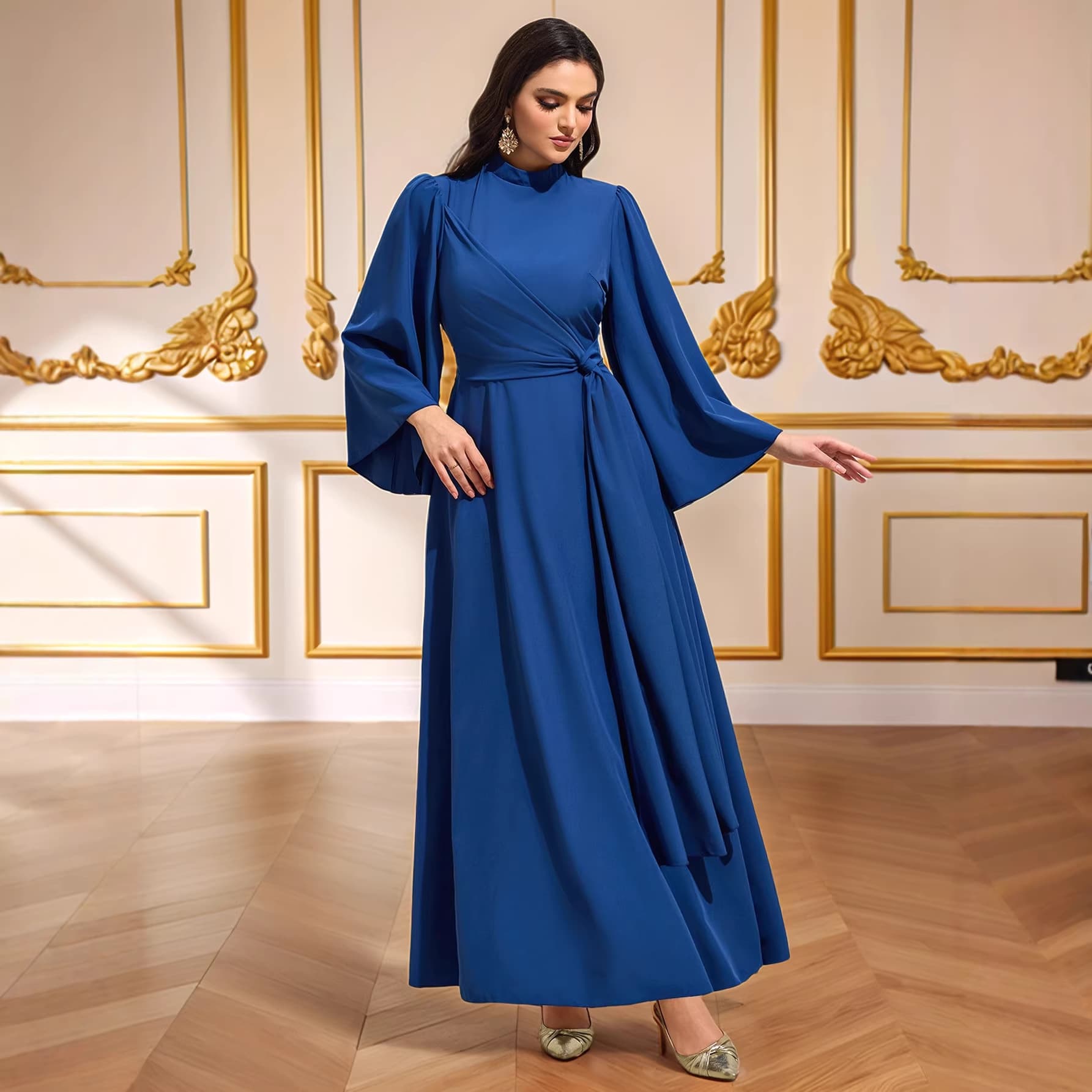 New Round Neck Long Dress Cross-Border Solid Elegant Waist-Cinching Fashion Turkish Flared Dress