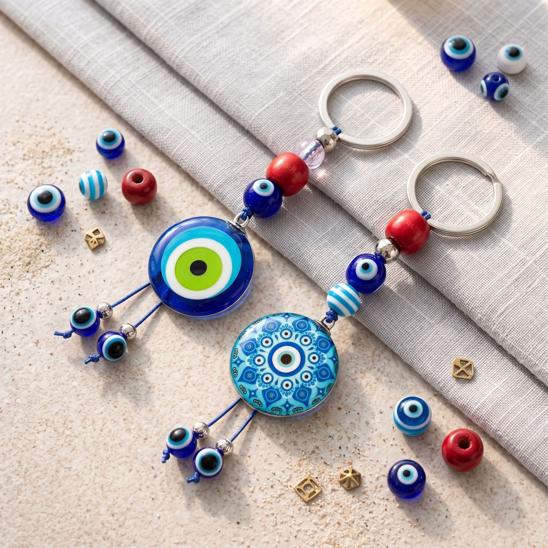 Cross-border striped print devil's eye keychain red large round beads double tassel bag versatile decorative pendant