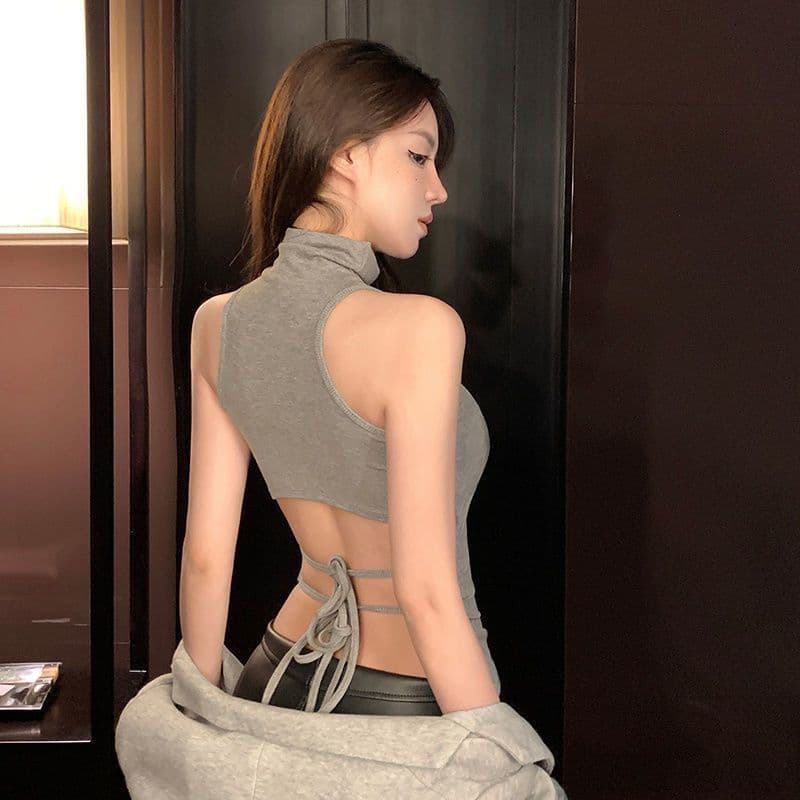 Pure lust style slim sexy suspender high collar vest hot girl exposed waist strap bottoming backless design sleeveless top
