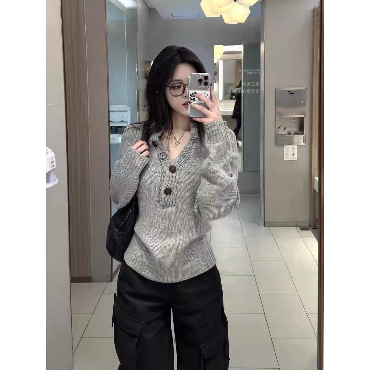 Actual Price#Sheep Cashmere Slim Fit Gray Long Sleeve Sweater 2026 Autumn Winter Short Sleeve New Base Knit Top
