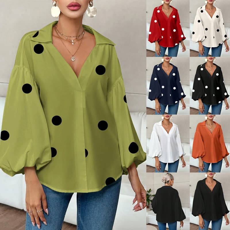 2026 New Cross-border Amazon Fashion Niche French Polka Dot Half-Open Collar Design Loose Puff Long Sleeve Top