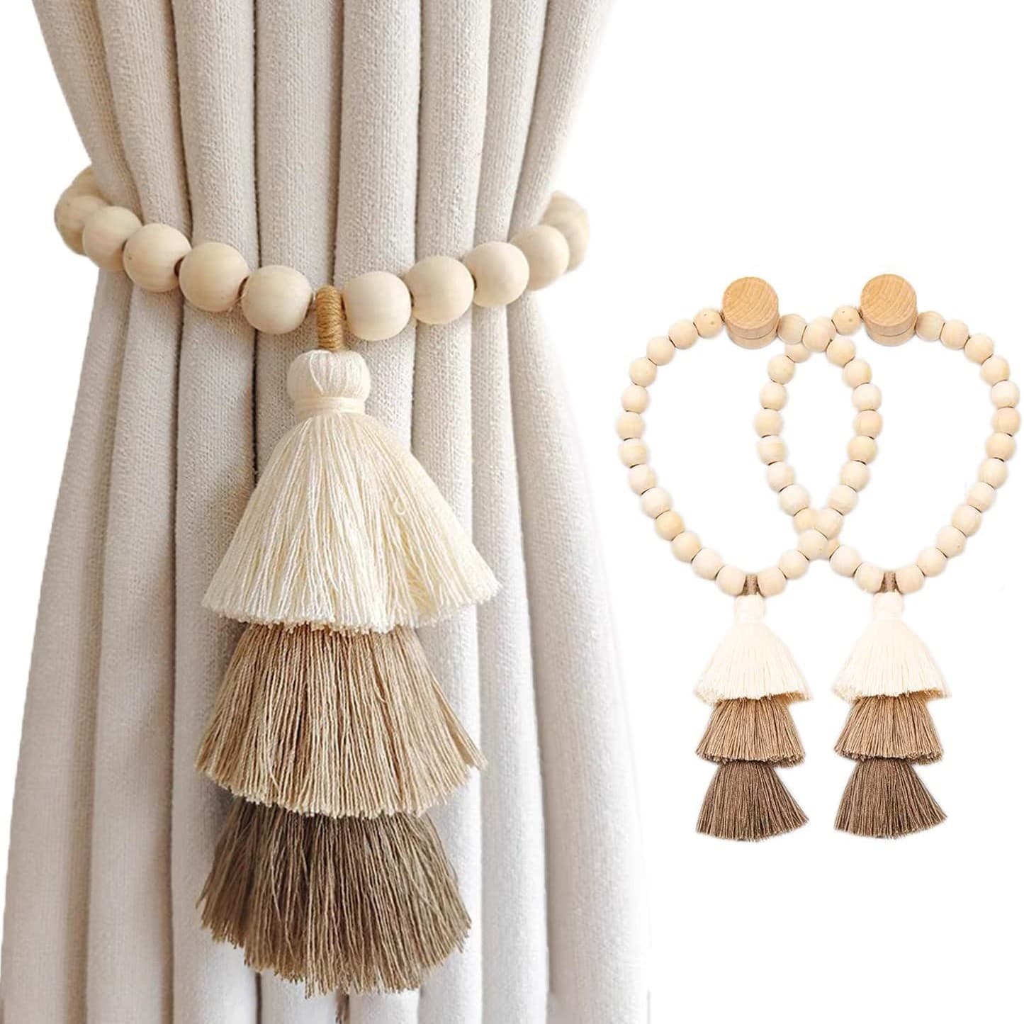 Cross-Bohemian Style Original Beaded Tassel Curtain Tiebacks, Adjustable Curtain Tie Straps Curtain Accessories