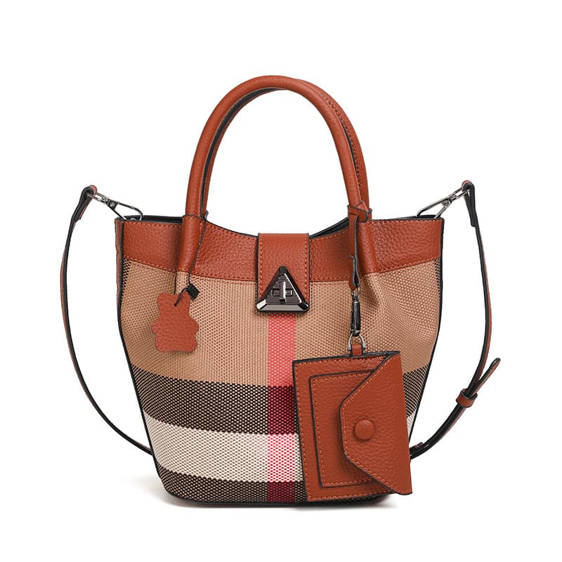 Brown pebbled pattern with plaid stitching handbag bucket bag 2025 women's combination multi-functional bag