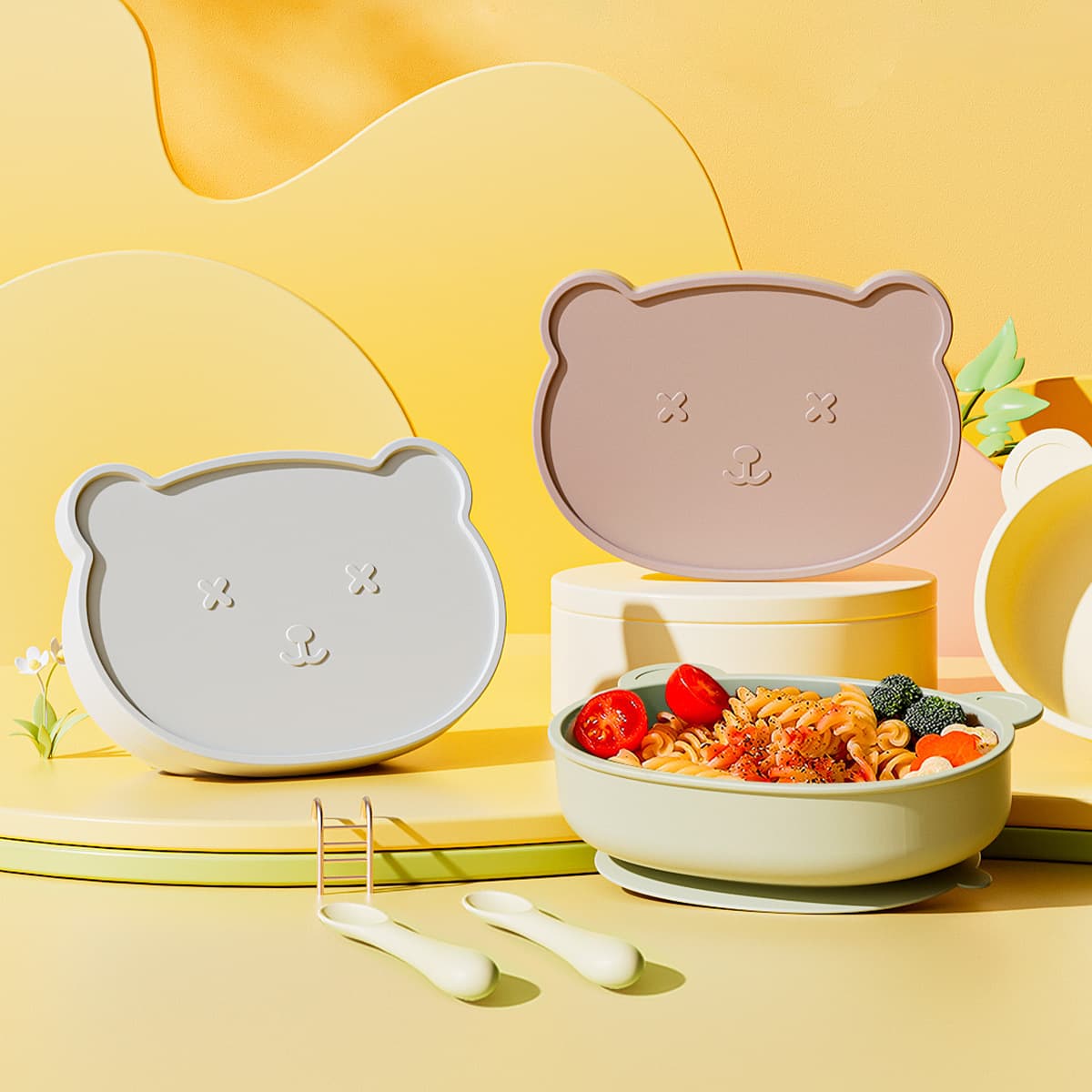 Household baby food supplement cute bear bowl infants and young children eating independently silicone anti-fall bowl tableware fresh and cute