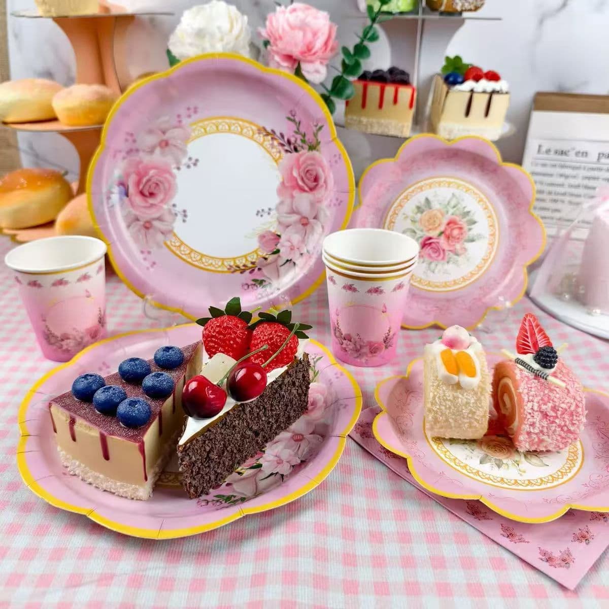 Cherry Blossom Pink Paper Plates and Napkins Disposable Tableware Party Decoration Set for Floral Theme Tea Party