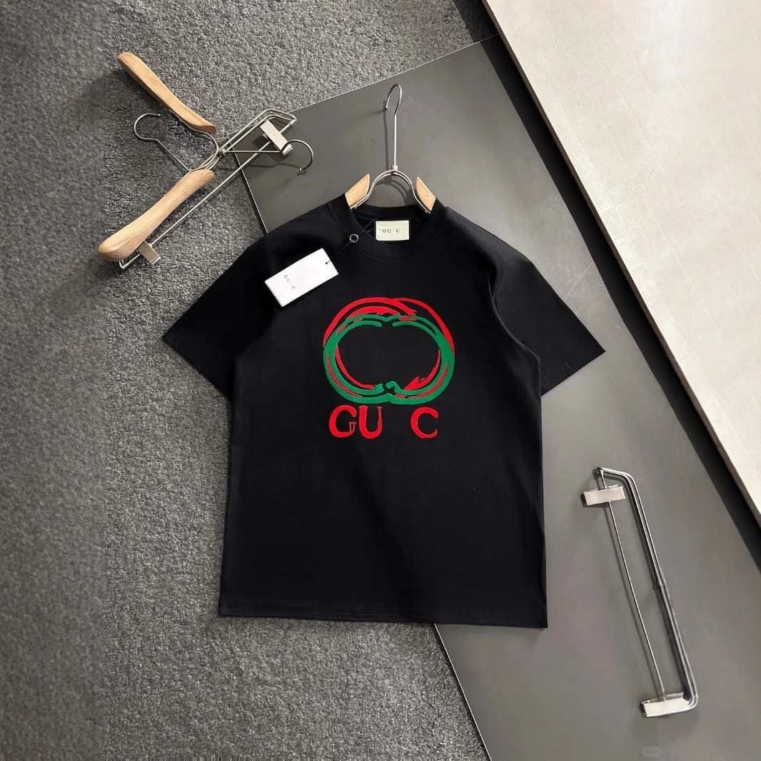 Gucci 2025 Summer New Arrival Chest Color-Block Interlocking Double G Letter Print Logo Pattern Casual Short-Sleeve Trendy