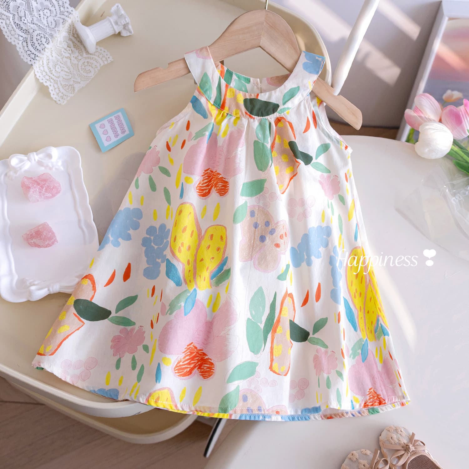 Girls Summer Dress Fashionable Cartoon Print Princess Dress Baby Summer Korean Floral Vest Dress