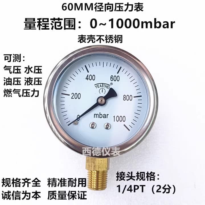 60MM Vertical 0-1000mbar Millibar Pressure Gauge Gas Pressure Gauge Air Pressure Gauge Water Pressure Gauge