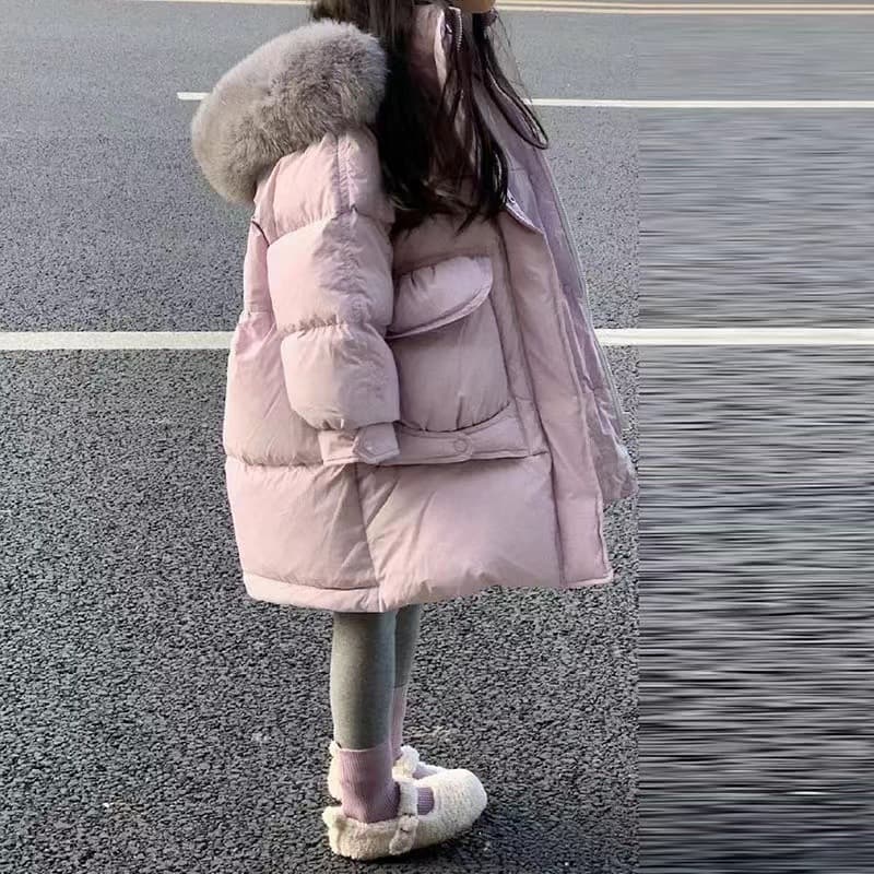 Girls' Stylish Large Fur Collar Down Cotton Coat Children's Mid-Length Winter Thickened Warm Padded Jacket Trendy