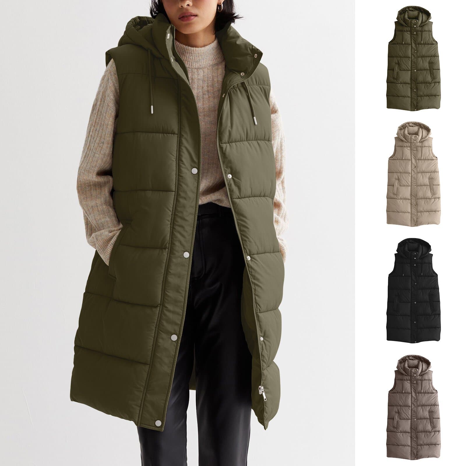 Cross-border 2023 European and American Solid Color Mid-length Vest Hooded Top Women Casual Fashion Zipper Single Button Jacket