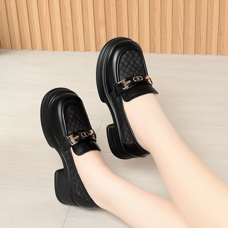 Women's Casual Loafers, Summer Mesh Fashion Shoes, Thick Heel, Chunky Sole, Leather Shoes