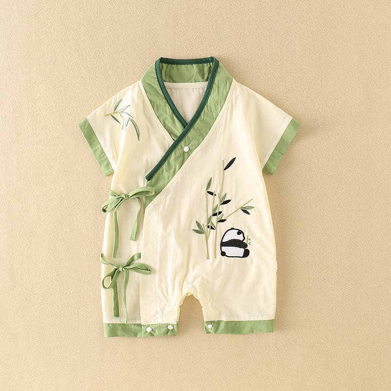 Baby summer clothes, Western style, Chinese style, Panda Bamboo, retro short-sleeved thin harem, cute onesie for baby boy