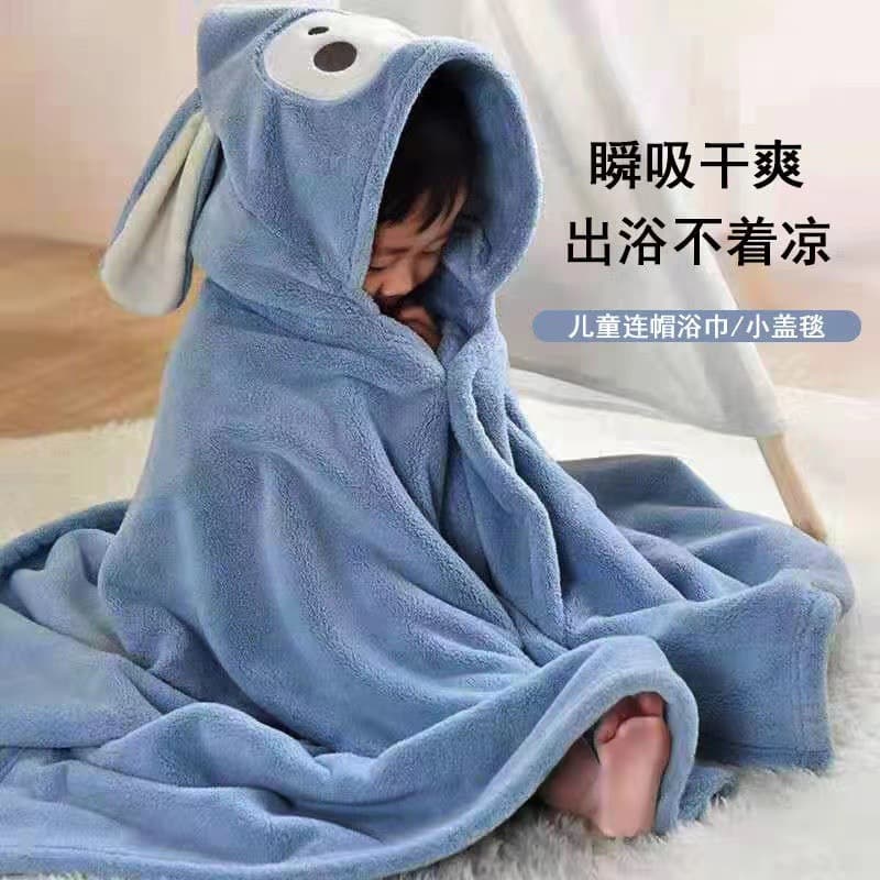 Water-Absorbent, Non-Shedding Cartoon Hooded Coral Velvet Baby Quick-Drying Poncho Children's Hooded Large Towel Manufacturer Wholesale