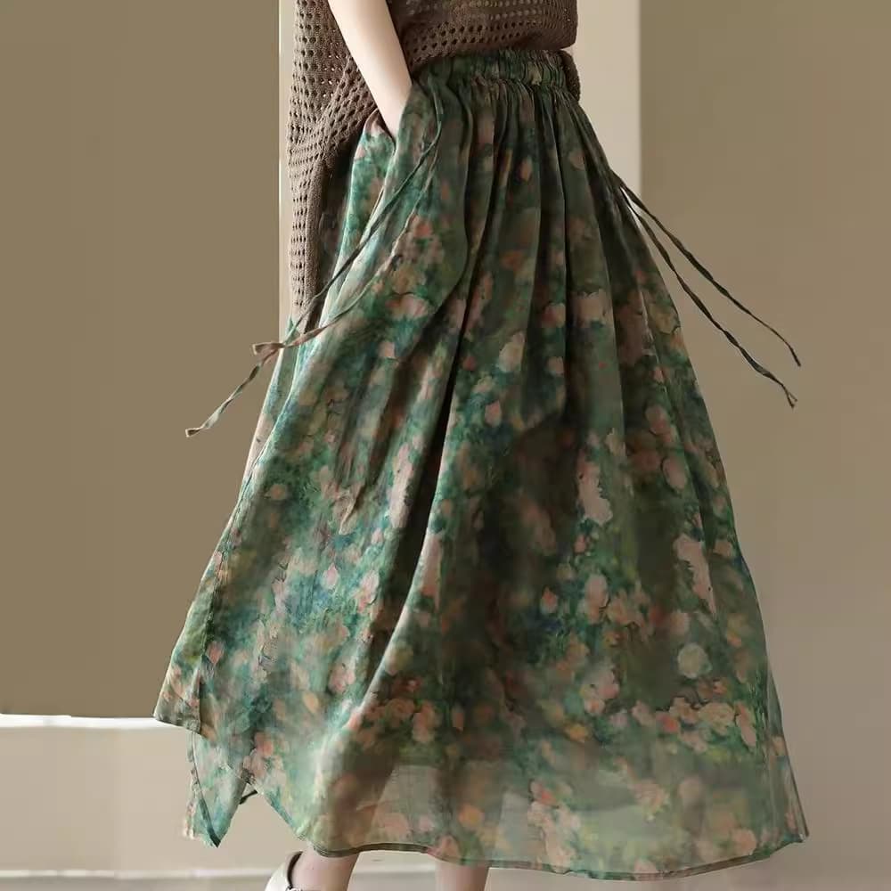 Summer 2023 Heavyweight Print Cotton Linen Halter Vintage Floral Skirt Women's Midi Skirt Polyester Fabric A-Line Skirt