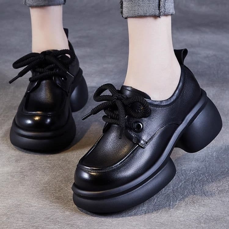 2024 Autumn New Style Women's Thick-Soled Lace-Up Genuine Leather Shoes, Versatile Chunky Heel Women's Single Shoes, Women's Loafers