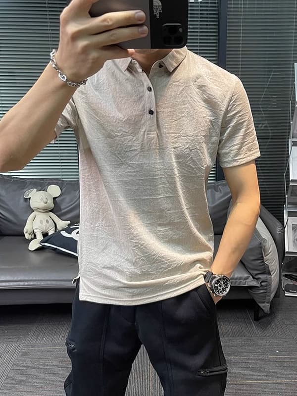 2025 summer new ice silk cotton and linen short-sleeved T-shirt men's polo shirt solid color quick-drying linen slim lapel top