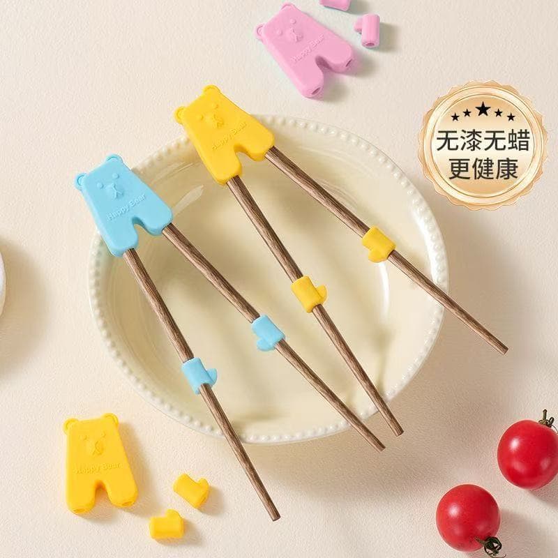 Children's Solid Wood Training Chopsticks with Auto-Return Silicone Anti-Slip Grip, Kids' Tableware