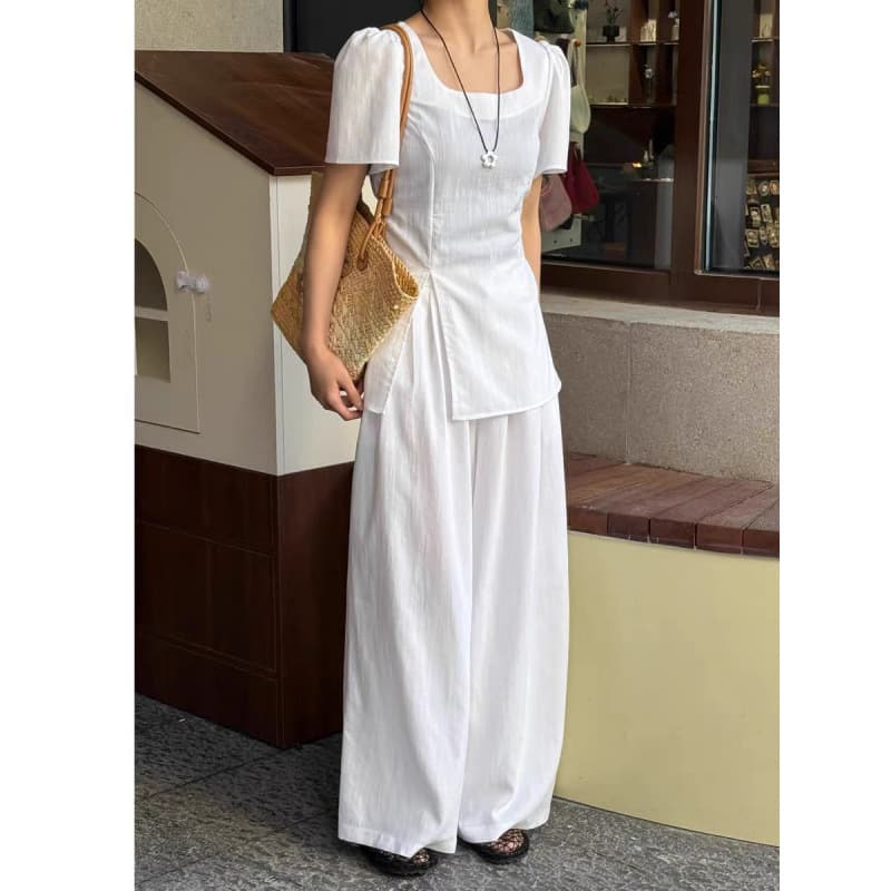 Plus Size Women's Outfit Set: Square Neck Split Short Sleeve Top with Elastic Waist Wide Leg Pants