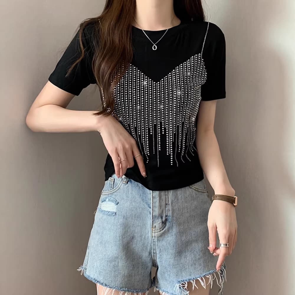 European Style Rhinestone Short Sleeve T-Shirt for Women 2026 Summer New Design Heavy Craft Fitted Square Shoulder Top