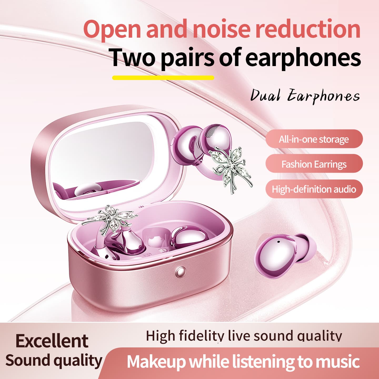 2026 e-commerce hot model M195 dual earphones with cosmetic mirror, long battery life, high quality, low latency wireless Bluetooth earphones