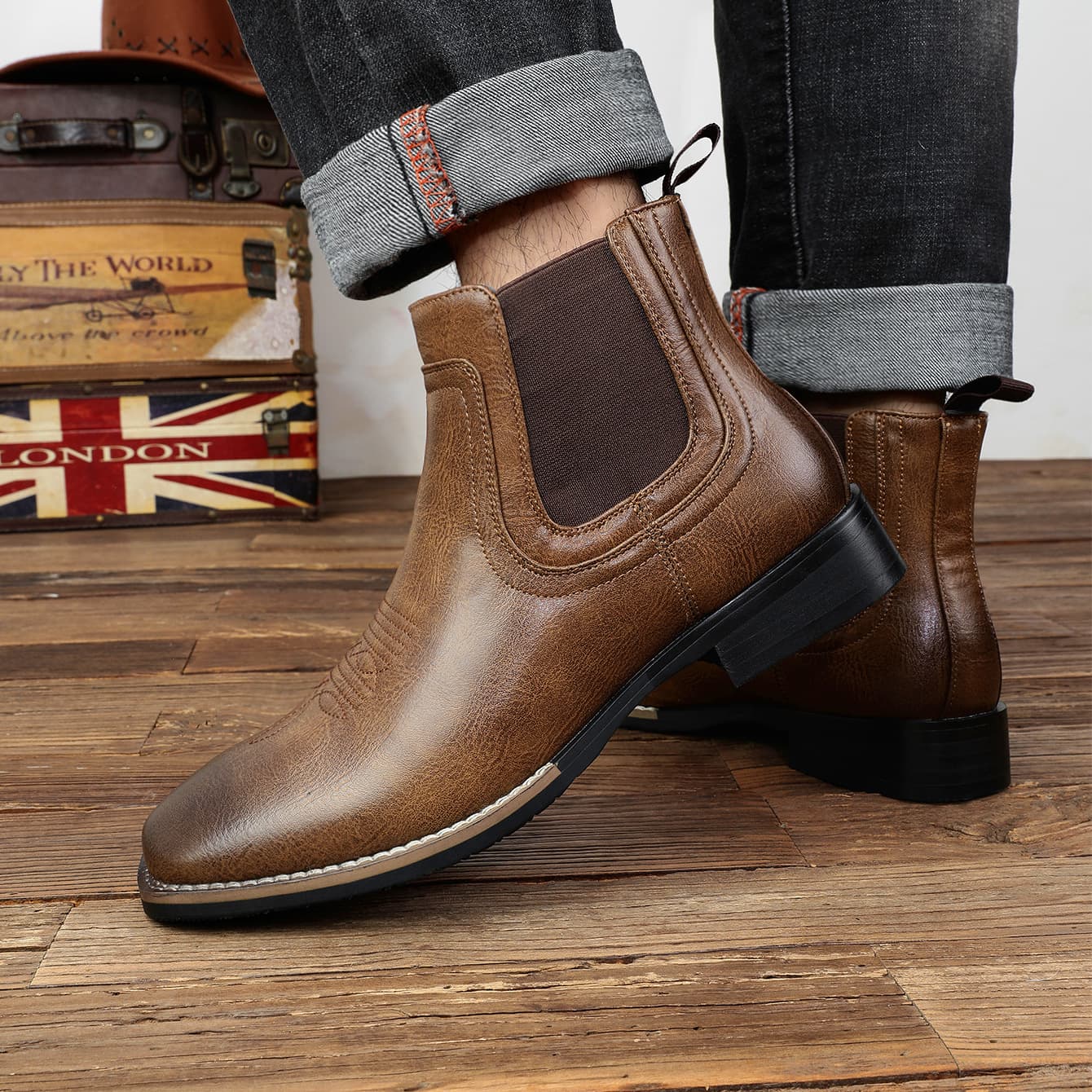 8602 Cross-border Men's Chelsea Boots Chunky Heel Western Cowboy Short Boots British Style Retro Embroidered Boots