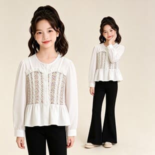 Girls Spring Autumn Blouse Fashionable Doll Collar Long Sleeve Princess Shirt Little Girl Fake Two-Piece Top Cross-Border