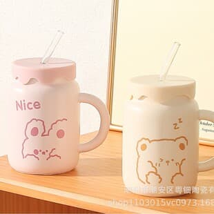 Cute Soft Ceramic Mug with Glass Straw, High Appearance Couple Cup, Home Use Cartoon Drinking Cup