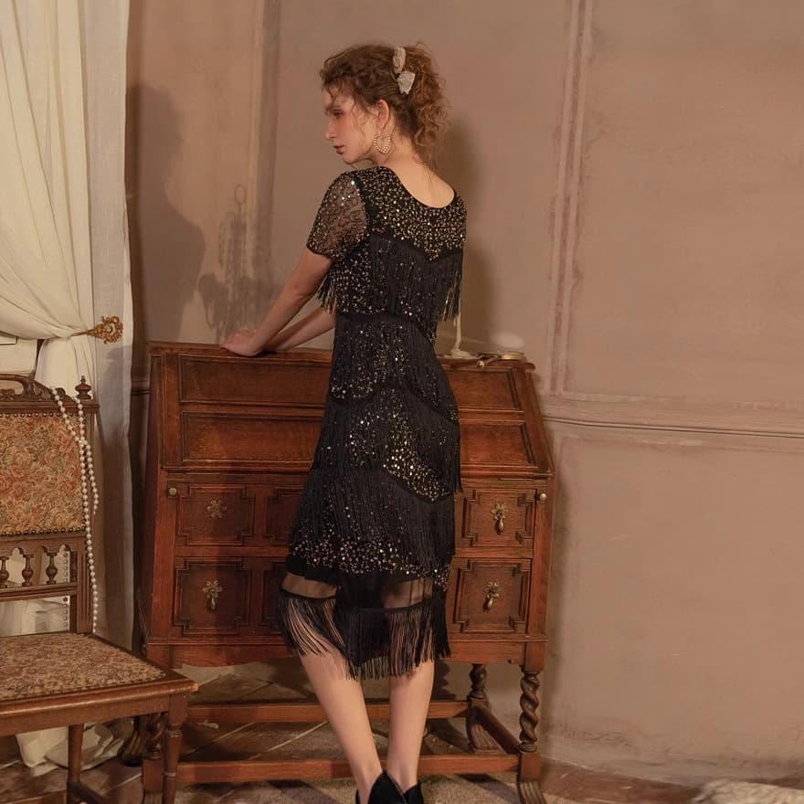 1920s evening party Gatsby dress, sexy nightclub sequined tassel dance dress, host Amazon 8014