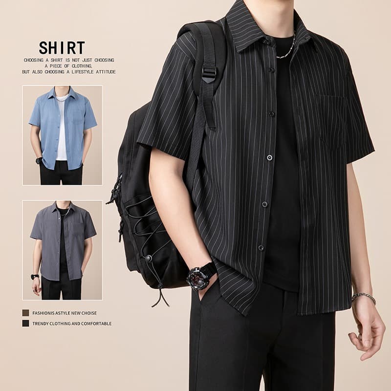 Casual Stripe Pattern Ice Silk Short Sleeve Shirt Men's Thin Summer Trendy Brand Lightweight Fashionable Men's Shirt