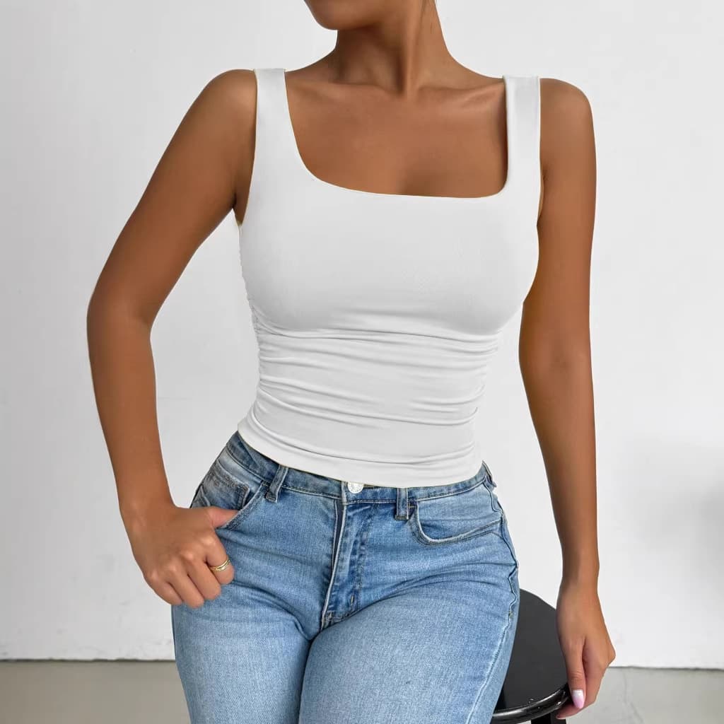 2026 European and American Cross-Border Hot-Selling Women's Sleeveless Camisole Top with Square Neck, Relaxed Fit, Shirred Design, and Cropped Hem