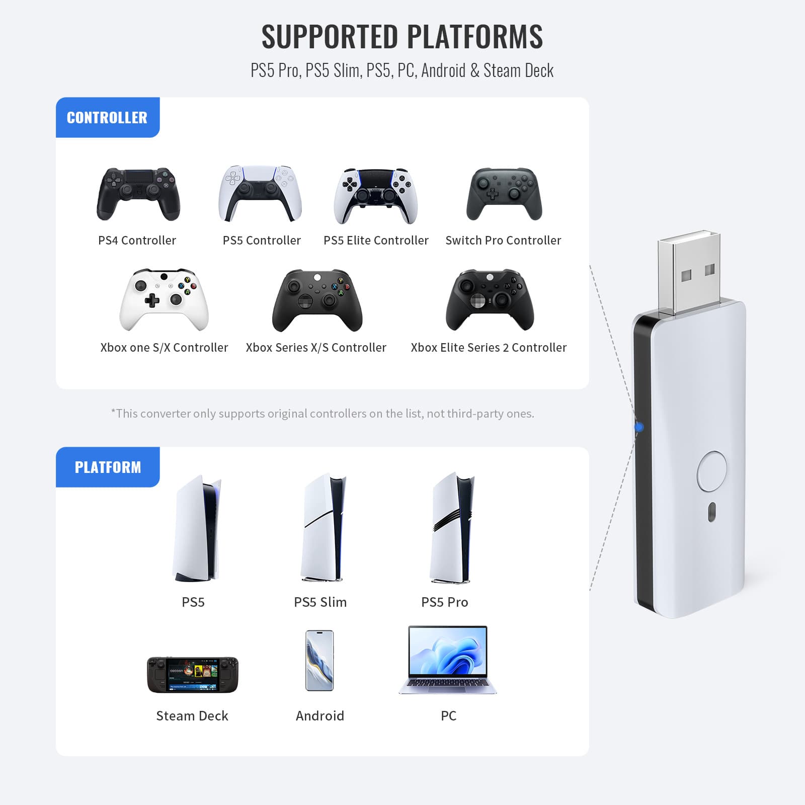 JYS PS5 Controller Adapter for PS5/PS5 Slim/PS5 Pro/PC/Steam Deck/Android