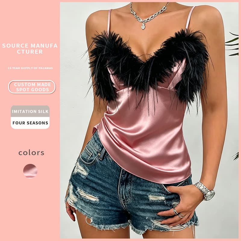 2026 European and American Style New Silk-like Pajamas, Plush Top Camisole Homewear, Women's Sexy Backless Pajamas