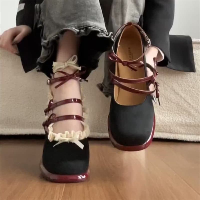 French Retro Style Chunky Heel Red Sole Mary Jane Shoes for Women, 2026 New Spring Versatile Height-Increasing Shoes to Match with Skirts, Shallow Mouth Single Shoes