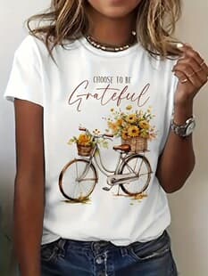 Women's Choice Grateful Floral Bike Short Sleeve Printed T-Shirt Clothing Women's T-Shirt Graphic Apparel