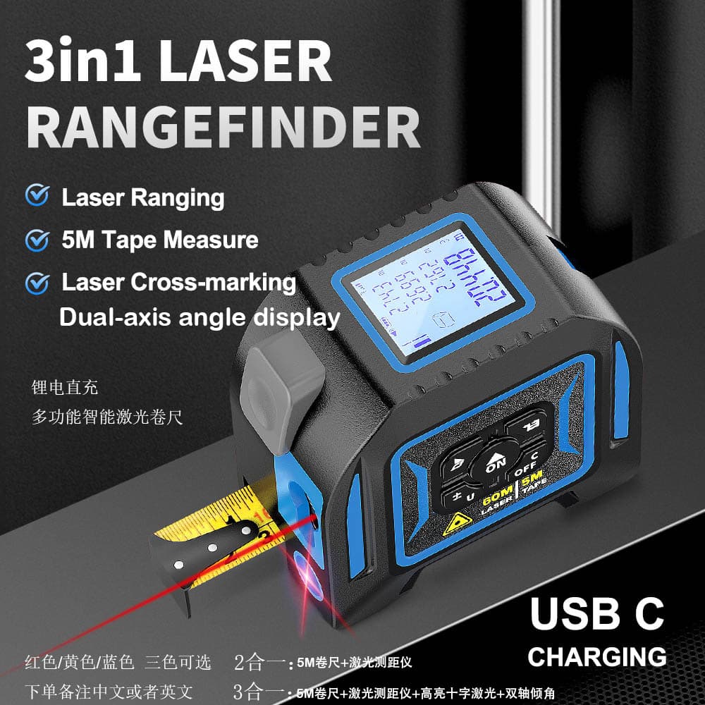 Factory Direct 3-in-1 Laser Distance Measurer with Tape Measure, Indoor Laser Measuring Tool, Laser Ruler