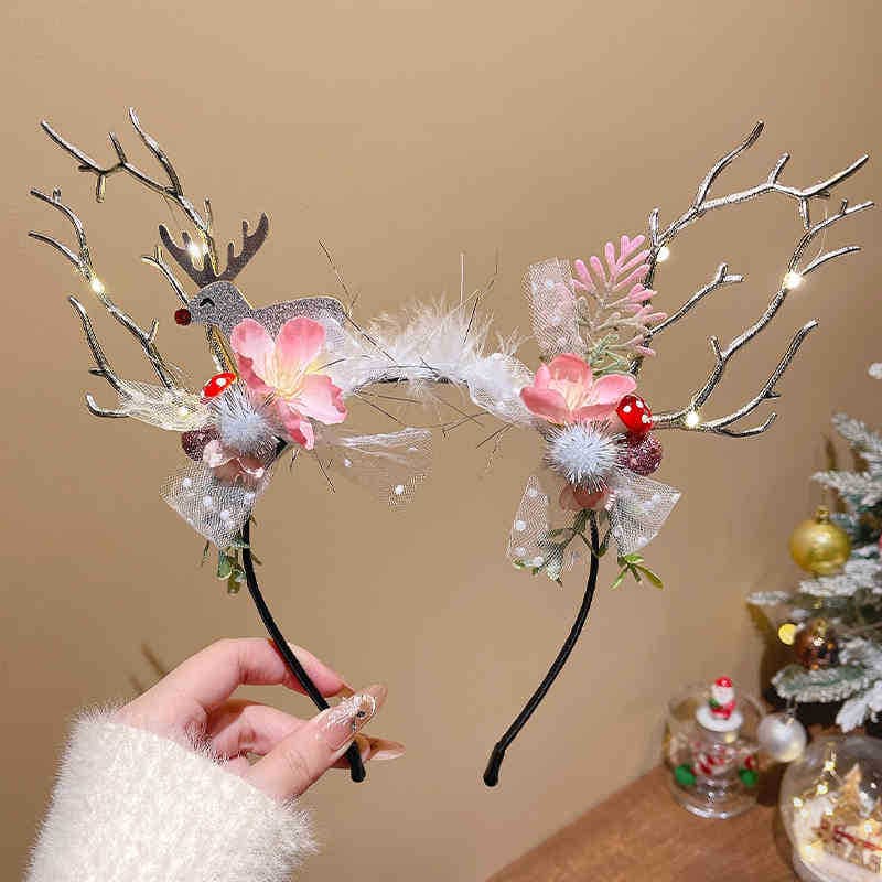 Christmas pink deer antler glowing headband, fairy party flower hair accessory, deer ear photo prop