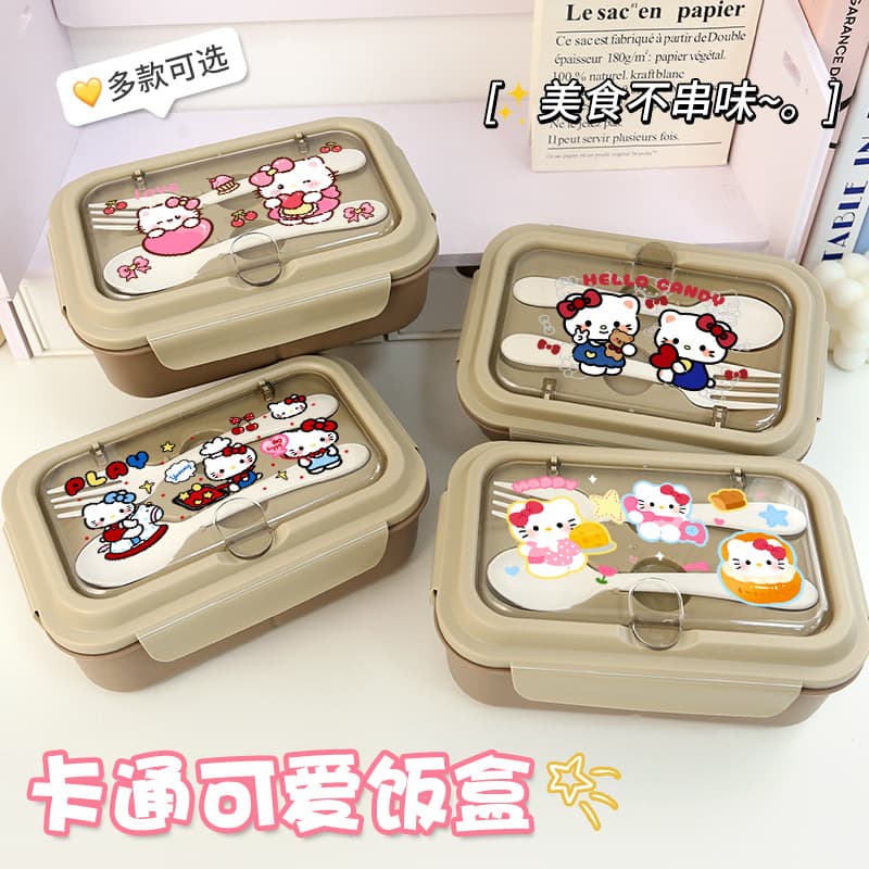 Cartoon portable lunch box for office workers with their own spoons and chopsticks for food, lunch box for students, microwave crisper