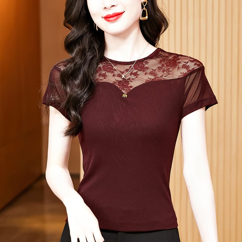 Fashionable Hollow Lace Short Sleeve T-shirt Women's Summer New Style Mesh Bottoming Shirt Half-Sleeve T-shirt Top Western Style Small Shirt
