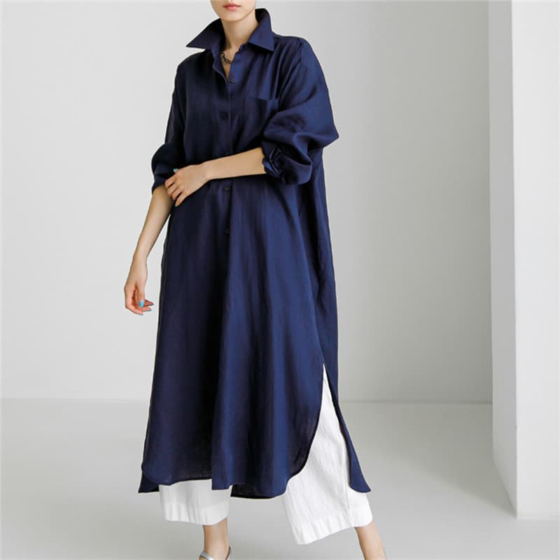 2025 Spring/Autumn Loose Plus Size Shirt Dress Over-the-Knee Long Split Outerwear Cotton Linen Shirt Solid Color Dress