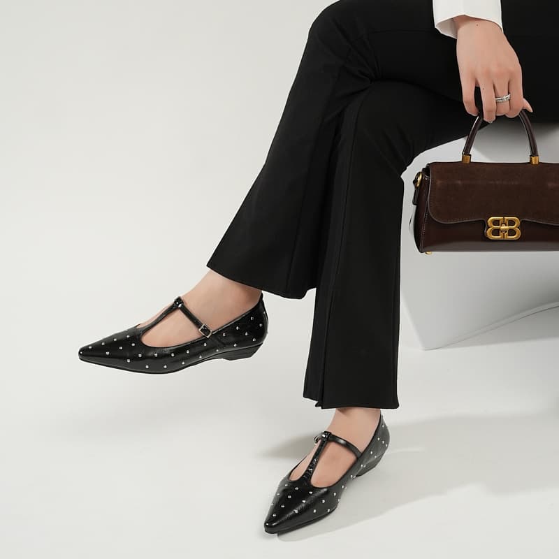 2655-2 French Style New Rivet Lizhen Shoes for Dresses, One-Strap Women's Shallow Mouth Flats