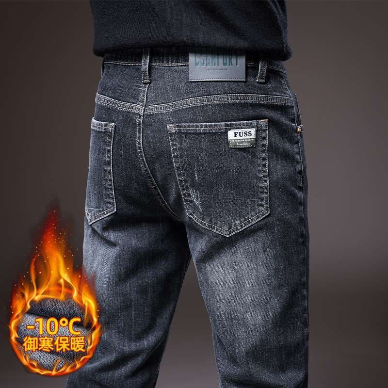 Fleece-Lined Thick Jeans for Men, 2025 Autumn/Winter Black Warm Business Casual Long Pants from Xintang Town, Guangzhou