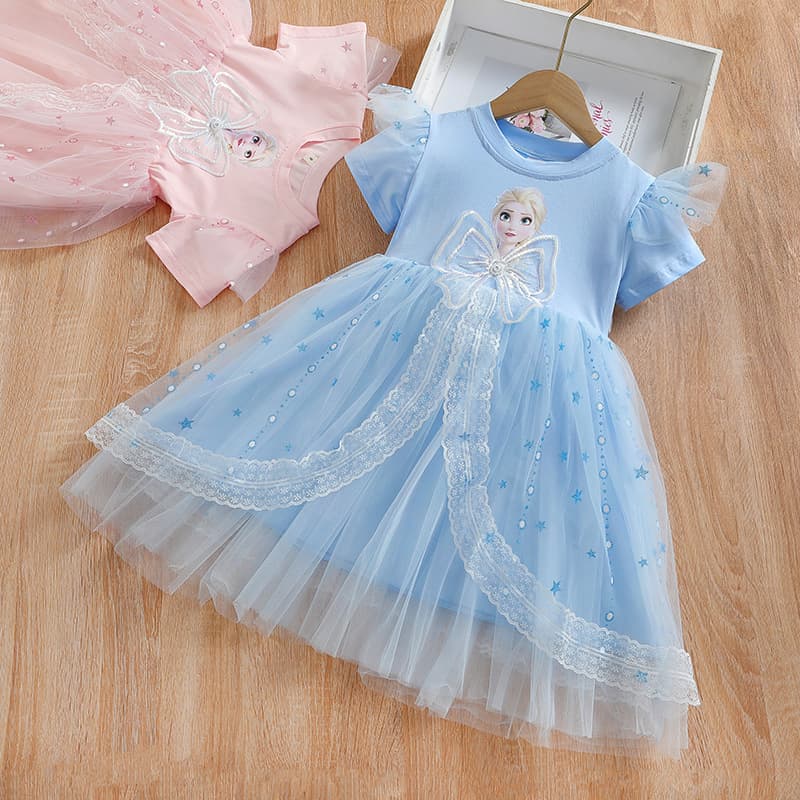 Summer Elsa Princess Dress for Girls Baby Short Sleeve Fluffy Skirt Korean Style Cotton Soft Shantung Fabric Cartoon Pattern
