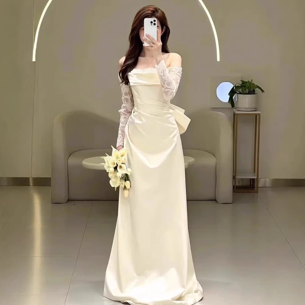 French-style Light Wedding Dress Forest Simple Fairy Lace Reception Gown Celebrity Banquet One-Shoulder White Satin Dress