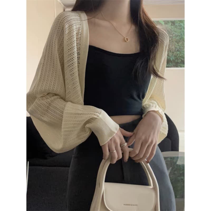 Knitted Cardigan for Women Long Sleeve Sun Protection Spring Short Outerwear Sweater Open Front Small Fragrance Style Thin Top