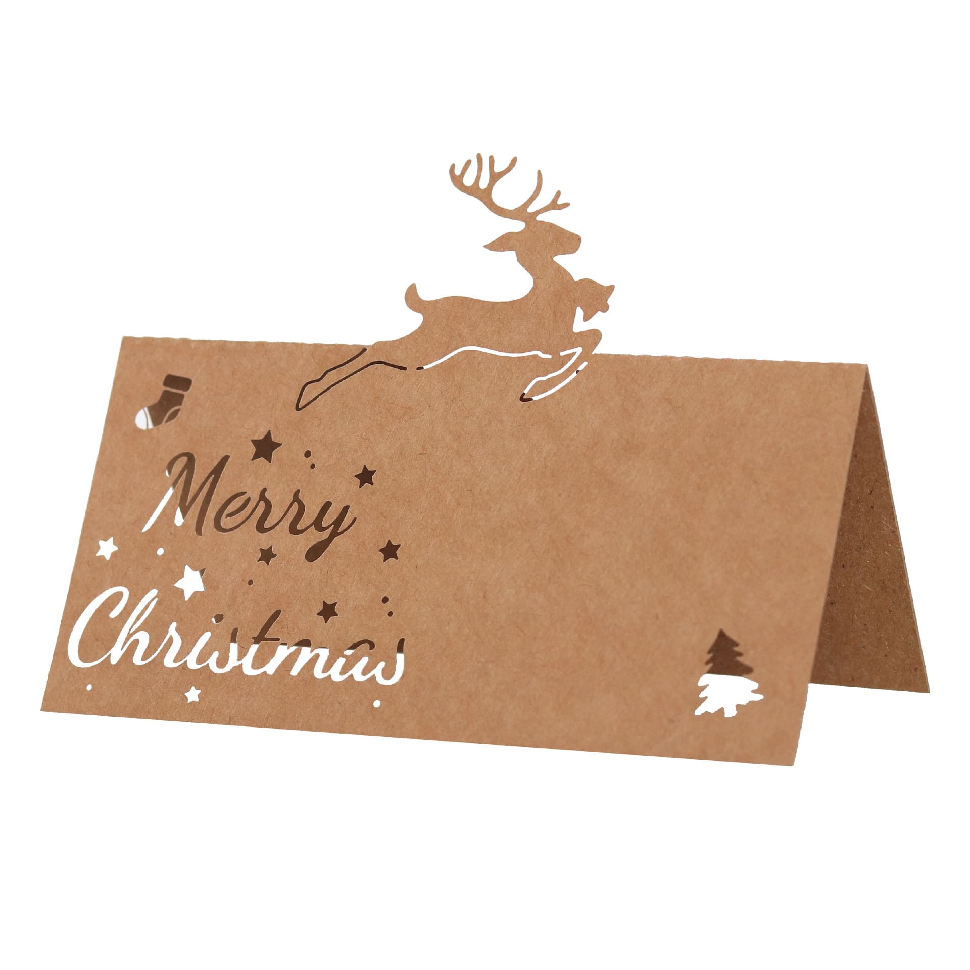 Kraft paper cutout reindeer Christmas cards, white snowflake place cards, holiday name Christmas tree table cards.