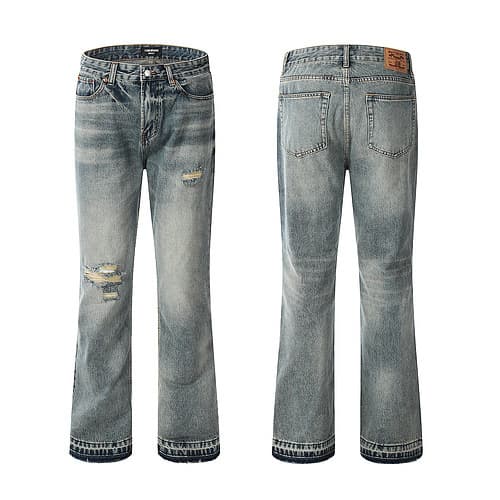 European and American High Street Distressed Loose Casual Worn White Ripped Cat Whiskers Casual Pants Jeans Flared Pants