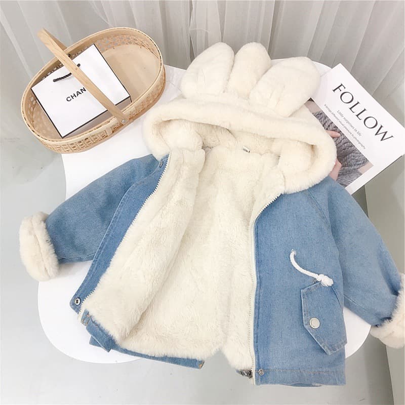 Korean Kids' Wear Winter New Arrival Girls' Bunny Ear Fleece Thick Denim Jacket, Baby Faux Rabbit Fur Warm Windbreaker