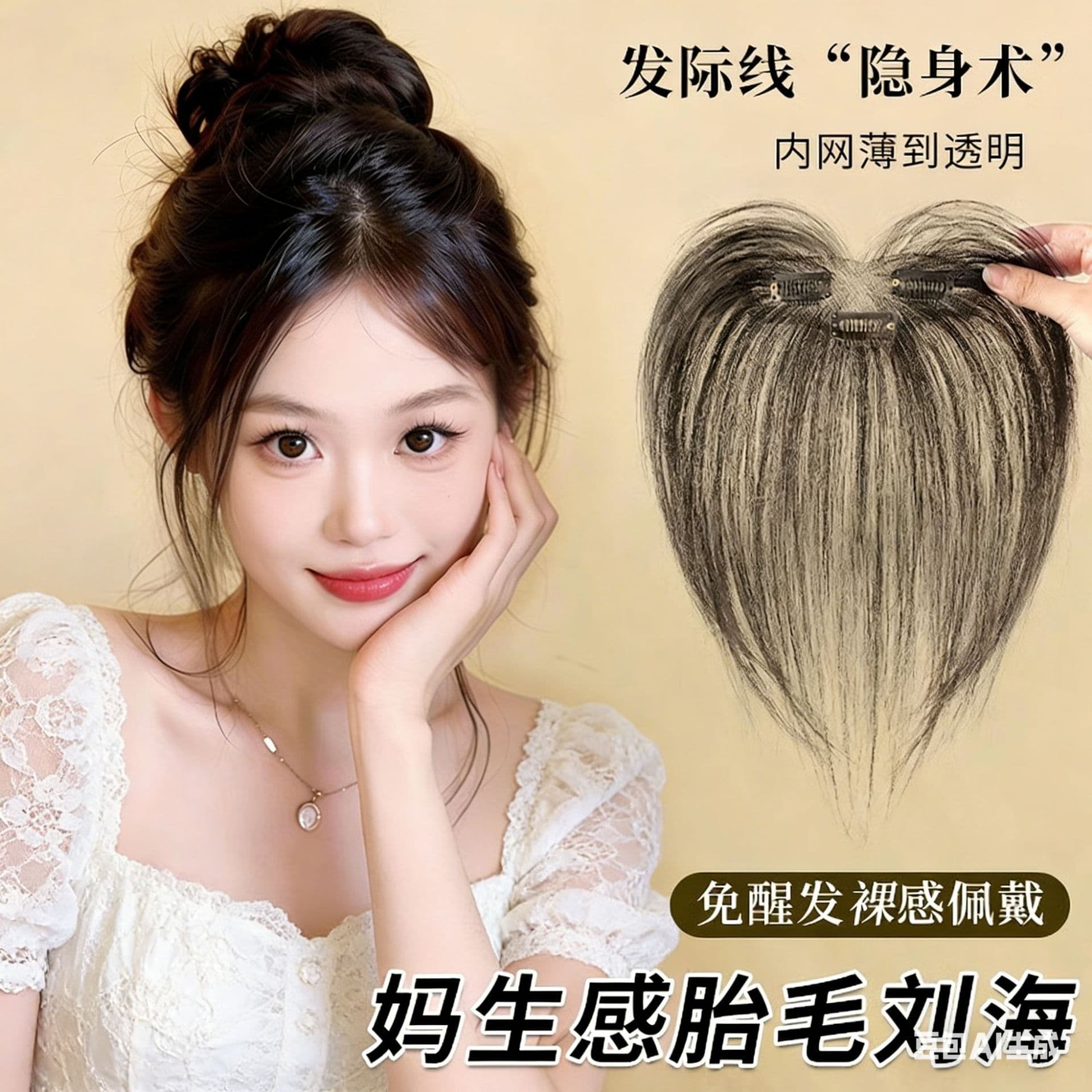 Lanugo hair bangs wig for women, real hair on top of head, light and natural, forehead and temples replacement, traceless hairline stickers wig piece