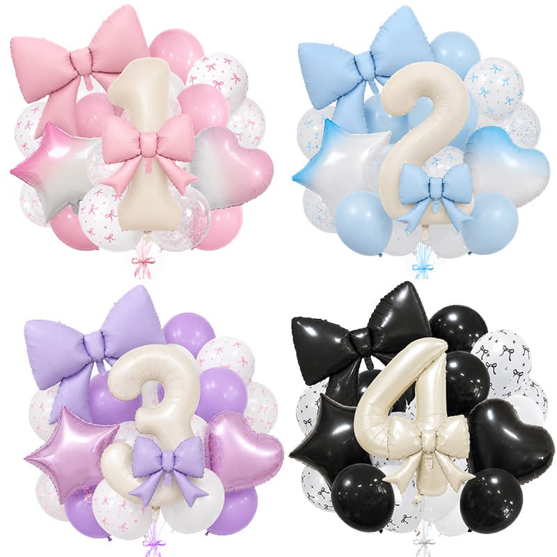Milk-Colored Bowknot Digital Balloon Set, Multi-Color Series, Luxurious Birthday Party Decoration for Baby's First Birthday and 100-Day Celebration